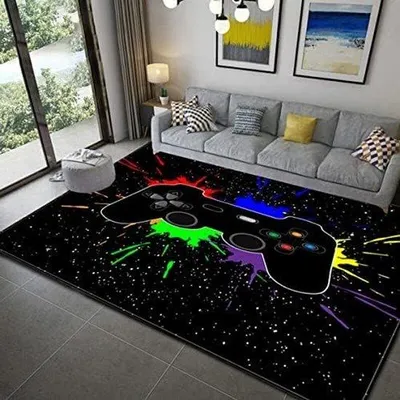 Produktbild von Unyqoos® Große Antirutsch‑Spielmatte 160 x 200 cm – Gamecontroller‑Design, schwarz, Polyesteroberfläche mit PVC-Anti‑Rutschboden