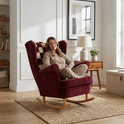 Produktbild von Schaukelsessel CAROL Duo – Ohrensessel mit Kufen & geflochtener Lehne, Velours Bordeaux, Family Meble, KI-generiertes Bild