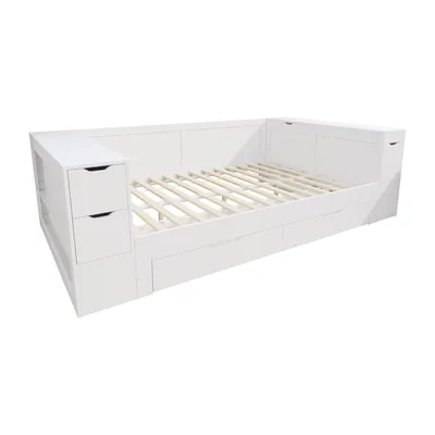 Produktbild von MODFU Kinderbett 140x200 Multifunktionales Schlafsofas mit Regalen und Schubladen,Jugendbett mit Nachttisch und Stauraum,ohne Matratze,weiß