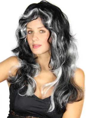 Produktbild von schwarze gelockte Gothic Perücke mit weißen Strähnen für Damen