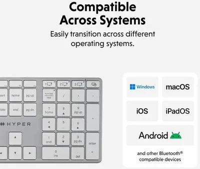 Obrázok produktu pre HYPER HS2310NO, Plná veľkosť (100 %), Bezdrôtový, Bluetooth, QWERTY, LED, Šedá