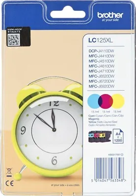 Obrázek produktu pro Brother LC125XLRBWBP, Vysoká (XL) výtěžnost, Azurová, Purpurová, Žlutá, Inkoust na pigmentové bázi, 3 kusů, 1200 str., Balení více kusů