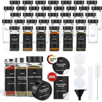 Obrázek produktu pro Sada 36 kusů čtvercových sklenic na koření o objemu 120 ml, včetně víček s dávkovačem a štítků, barva černá