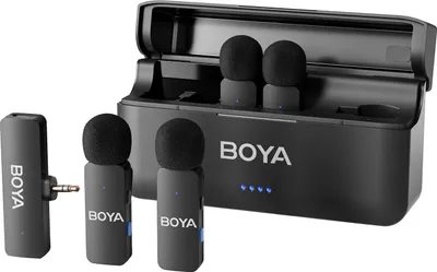 Zdjęcie produktu dla BOYA BY-V4 4-kanałowy system mikrofonu bezprzewodowego 2.4G Mikrofon przypinany do aparatu Wielokierunkowy mini mikrofon przypinany Automatyczne parowanie Inteligentne tłumienie szumów Zasięg transmisji 200 m z odbiornikiem 3,5 mm do lustrzanki cyfrowej