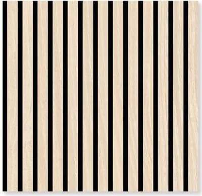 A close-up, full-frame shot of a wall panel with vertical wooden slats and black gaps between them.