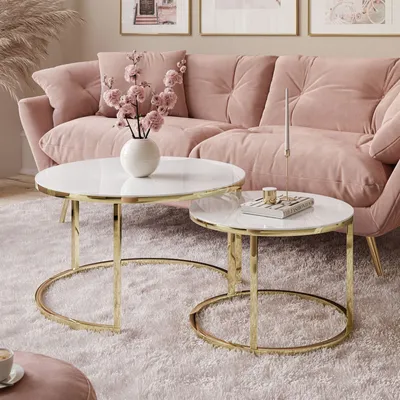 Produktbild von lukmebel Couchtisch 2in1 Set, Rund, Glamour, Gold Chrom Weiß, aus Gehärtetem Glas und galvanisiertem Metallgestell, Maße (BxHxT): Groß 70x47x70 cm, Klein 50x41x50 cm