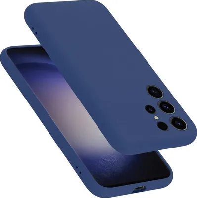 A blue phone case is shown from a diagonal angle, with the phone screen visible underneath.