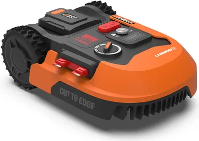 A robotic lawnmower shown from a diagonal angle on a white background.