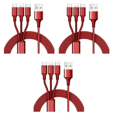 Produktbild von 3-in-1 Ladekabel Robustes Mehrfachladekabel mit USB-C Micro und iPhone Anschluss – Rot / 3 Pack