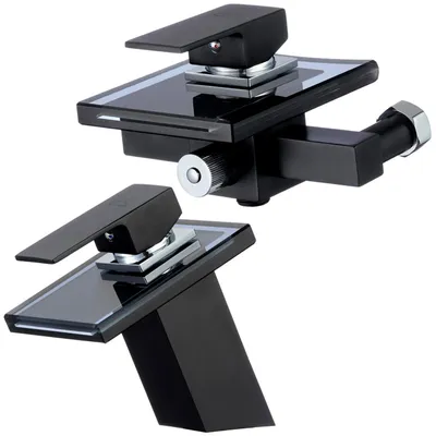 Produktbild von Set Glas Wasserfall Wannen & Waschtisch Armatur schwarz |  Bad Wasserhahn Wannenarmatur