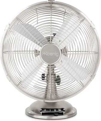 Image de H.Koenig JOE48 Ventilateur de table en métal, puissance 35 W, 2 positions : Mouvement fixe et à 90 °, 3 vitesses, silencieux 58,55 dB, 4 pales, diamètre 30 cm, pieds antidérapants, argenté