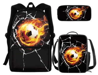 Produktbild von Schultaschen-Set 3-teilig mit Thermo-Lunchbox und Federmäppchen, Flamme Fußball, Kinderrucksack