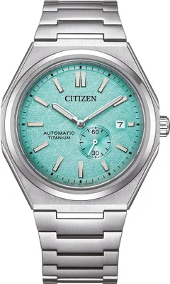 A close-up studio shot of a Citizen automatic titanium watch with a turquoise dial.