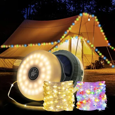 Immagine prodotto di Catena luminosa per campeggio, 10 metri - Alimentazione a energia solare - Impermeabile - 5 modalità di illuminazione - Luce calda - Ideale per Natale