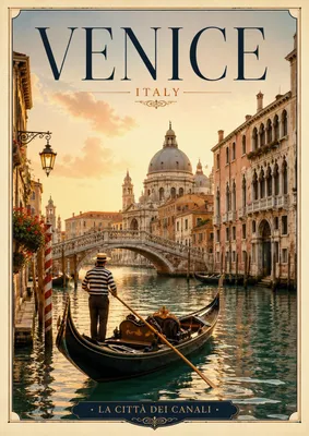 Produktbild von Travel Poster Venedig DIN A2 – Vintage Wandbild mit Gondel, Kanal & italienischer Architektur, matt