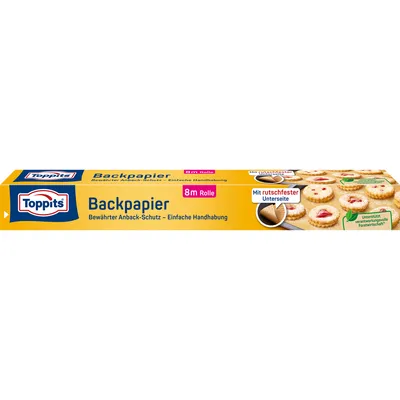 A roll of baking paper with cookies on a baking sheet shown on the right side of the packaging.