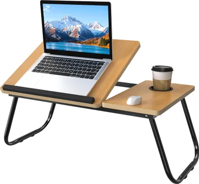Zdjęcie produktu dla TRMLBE Stolik pod laptopa 56x33 cm Składany stolik z regulacją kąta 25°-45° Stolik do łóżka z wycięciem na tablet i miejscem na kubek Stolik do łóżka na sofę, podłoga, brązowy