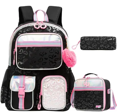 Immagine prodotto di Set di zaini per bambine, 3 pezzi, colore nero, motivo cuore, adatti per la scuola materna e le scuole elementari, realizzati in nylon, dimensioni 43x30x18 cm