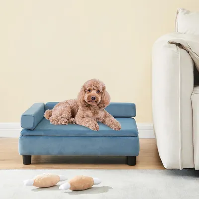 Produktbild von Hundesofa 'Salkonssad' Haustierbett mit Staufach 60 x 45 x 24 cm Samt Blau