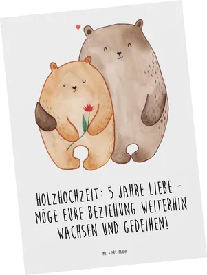 Produktbild von Mr. & Mrs. Panda Postkarte 5. Hochzeitstag Holzhochzeit - Weiß - Geschenk, handgefertigt, besondere Anlässe, Fotokarte, beständig, bildkarte, Liebe, Erinnerung, Geschenke