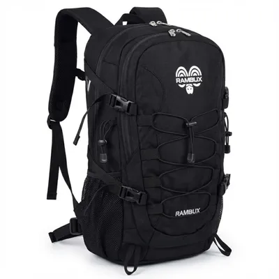 Produktbild von RAMBUX® Rucksack Outdoor – Vielseitiger Rucksack mit Regenhaube – 40 Liter – Schwarz – ESSENTIAL