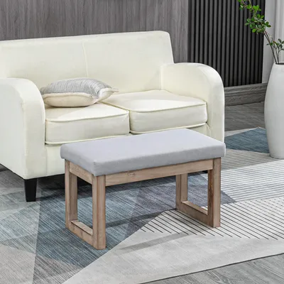 Produktbild von Sitzhocker Skandi-Design Polster Leinenimitat, Fußhocker Fußbank Gummiholz, Grau | 68 x 38 x 42 cm | bis 120 kg | Antirutsch-Fußpads