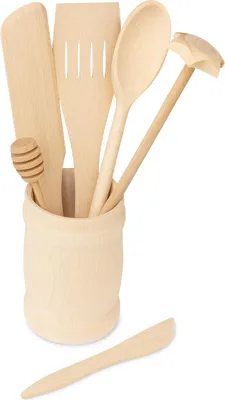 Image de Ustensiles de cuisine en bois de hêtre dans une tasse | Accessoires de cuisine en bois écologiques | Ensemble d'outils de cuisine | Cuillères en bois naturelles