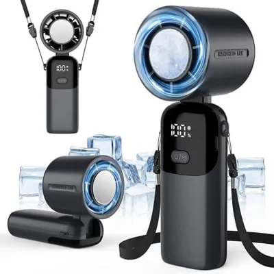 Produktbild von Timiyou Tragbarer Handventilator 3-in-1 mit Eiskühlung & Digitalanzeige | 100 Stufenlos Einstellbar, Faltbar & 90° Neigbar | 3600mAh Akku 12h Laufzeit | Turbo 9m/s Wind für Reisen, Büro, Outdoor
