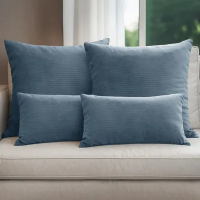 Produktbild von Selfitex 4er Set Cord Kissen inkl. Füllkissen, weich und dekorativ, Couchkissen mit Cord Optik, Größe: 2x 50x50 + 2x 30x50, Farbe: Dunkelblau