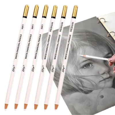 Image de Jeu de 6 crayons de charbon blanc, crayons de couleur pour artistes, idéaux pour le dessin et les esquisses