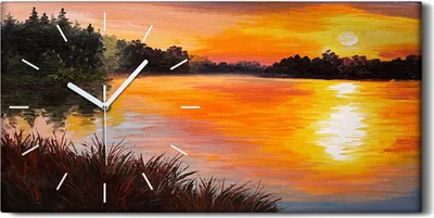 Produktbild von Küchenuhr Bürouhr Leinwand Uhr 60x30 Ölgemälde See Wald Himmel Sonnenuntergang - weiße Hände