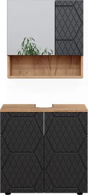 A bathroom vanity set with a mirror and cabinet.