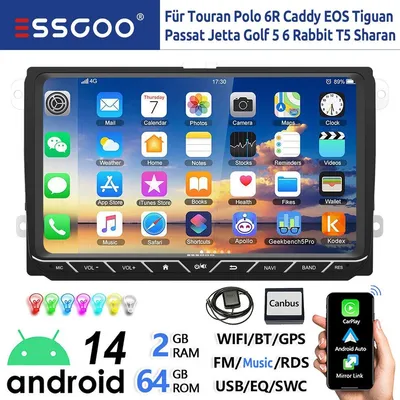 Produktbild von Autoradio Android 14 9 Zoll Touchscreen GPS Navigation Carplay Android Auto 64GB 2 DIN Lenkradsteuerung Bluetooth 4x45W für VW Golf 5 6 Polo 6R Passat