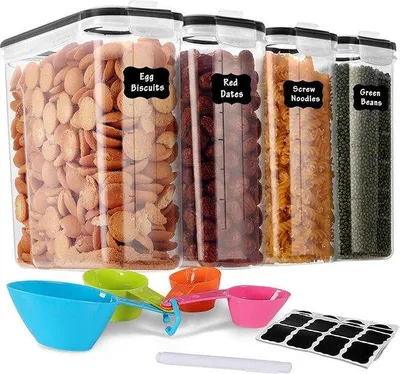Produktbild von Unyqoos® Vorratsdosen 4er-Set – 4 x 4 L (9,3 x 24 cm) lebensmittelechter, BPA‑freier Kunststoff, Silikondichtung, 4 Verschlüsse, 24 Etiketten, Stift & 4 Messlöffel