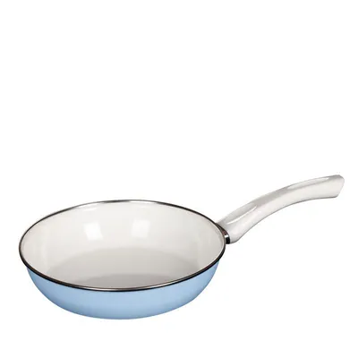 A light blue frying pan with a white handle is shown against a white background.