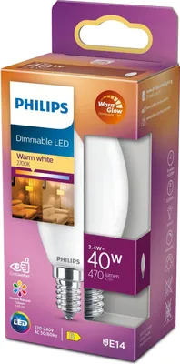 Produktbild von Philips LED Leuchtkerze E14 90Ra WarmGlow dimmbar 3,4W 470lm extra+warmweiss 2200-2700K wie 40W 8719514324299