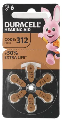 Image de Pile bouton Duracell pour appareils auditifs, 1,4 V, taille 312, PR41, blister de 6, 1 pièce.
