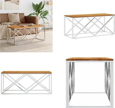Imagen del producto de vidaXL Mesa de centro de acero inoxidable y madera maciza de acacia - Mesa de centro - Mesas de centro - Mesa auxiliar - Mesa de sofá