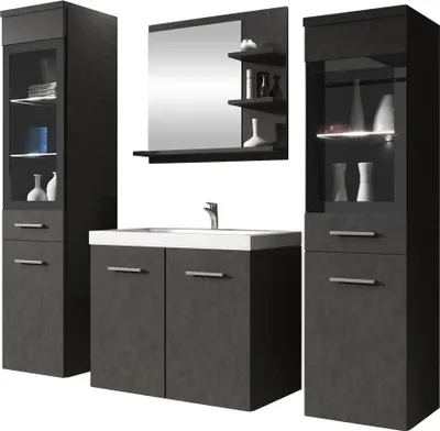 Produktbild von MIRJAN24 Badmöbel-Set Madrit I, Badezimmer-Set mit Spiegel und Waschbecken (Farbe: Matera, mit Siphon, mit weißer LED Beleuchtung)