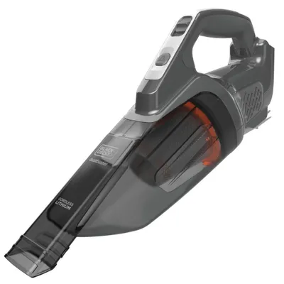 A gray and black handheld vacuum cleaner is shown against a white background.