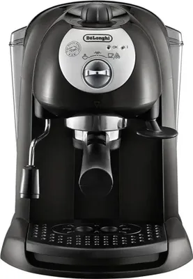 A front view of a black DeLonghi espresso machine.
