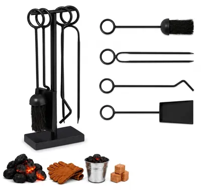 Image de Ensemble d'accessoires pour cheminée Relaxdays, 5 pièces : tisonnier, pelle à cendres, balayette, pince et support, ensemble pour poêle, en fer, noir, Image générée par une IA