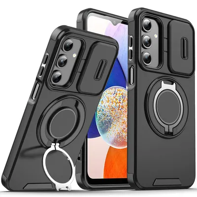 Obrázek produktu pro Dvouvrstvé pouzdro pro Samsung Galaxy A14 5G/4G, s posuvným krytem fotoaparátu a magnetickým kroužkovým stojánkem Černý