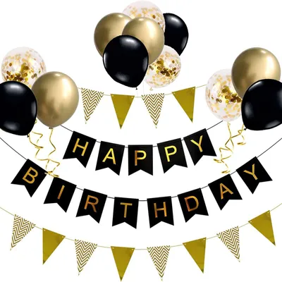 Productafbeelding van Set van ballonnen en slingers - Decoratie voor feesten - Zwart en goud - Met banner en confetti-ballonnen