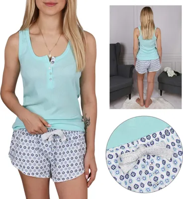 Produktbild von Türkis-Weiß, gemusterter Schlafanzug/Pyjama für Damen, kurze Shorts M