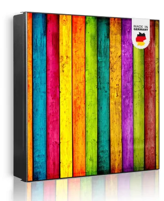 Produktbild von banjado Schlüsselkasten aus Metall, 30x30cm groß mit 32 Haken, als Magnettafel nutzbar, Korpus schwarz, Anschlag links, Bunte Holzlatten [SKG2 10620]