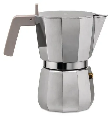 A studio shot of a silver espresso coffee maker with a gray handle against a white background.
