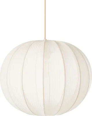 A white pendant lamp with a ribbed, spherical shade.