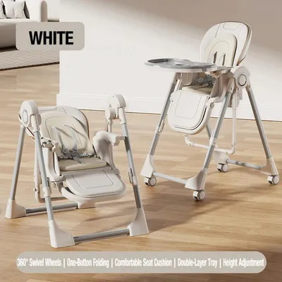 Produktbild von Baby Hochstuhl - Umbaubarer Hochstuhl und Wippe - Höhenverstellbar - 5-Punkt-Gurt - Doppeltablett - Kunststoff - Weiß