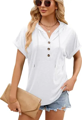 Obrázek produktu pro ASKSA Dámská mikina s kapucí Tričko s knoflíkem V-neck Letní krátký rukáv mikina s kapucí Příležitostné volné košile Svetr s kapucí Tee Tops (bílý, L)